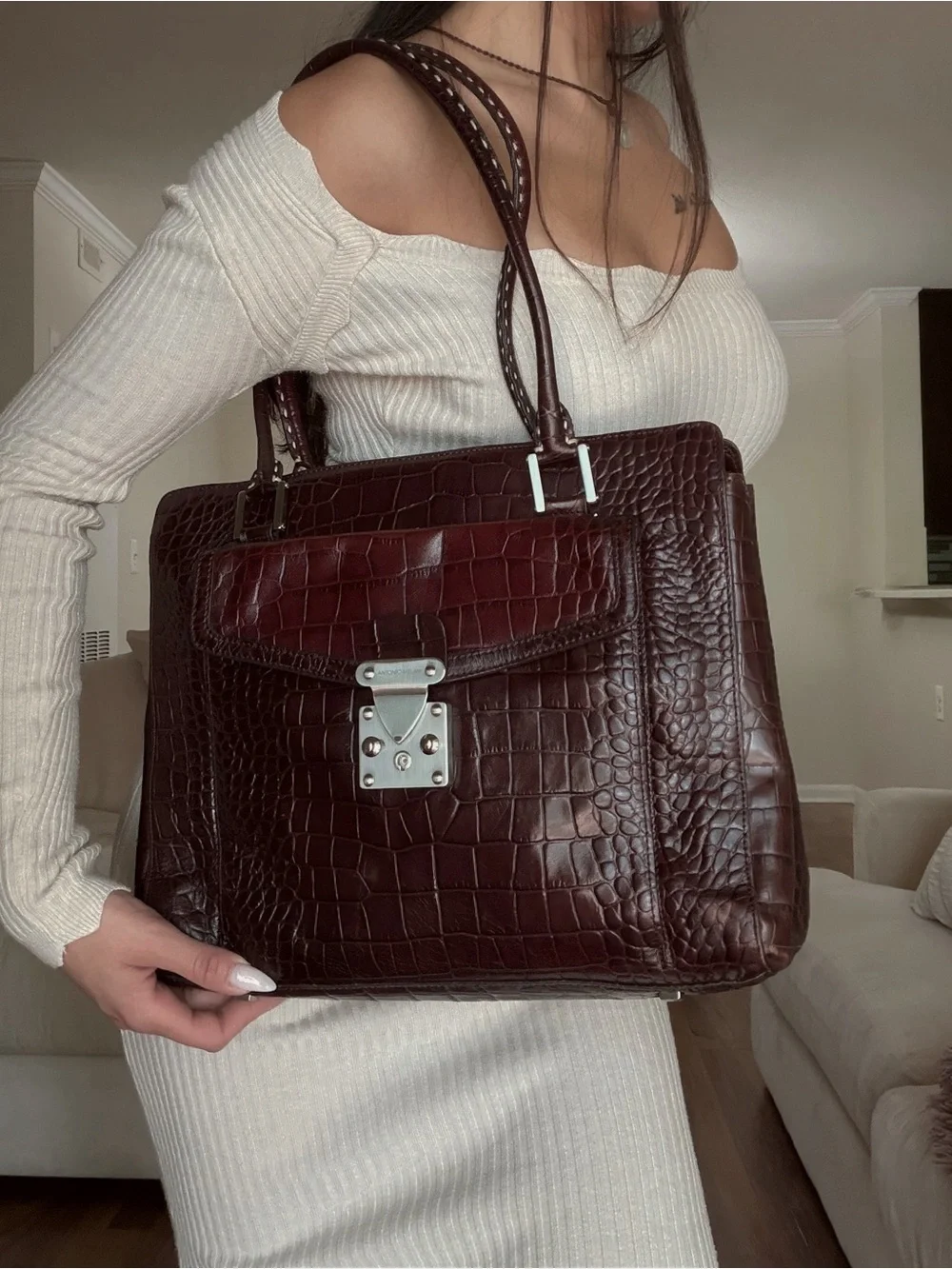 Y2K ANTONIO MELANI Croc-Embossed Shoulder Tote in Dark Brown